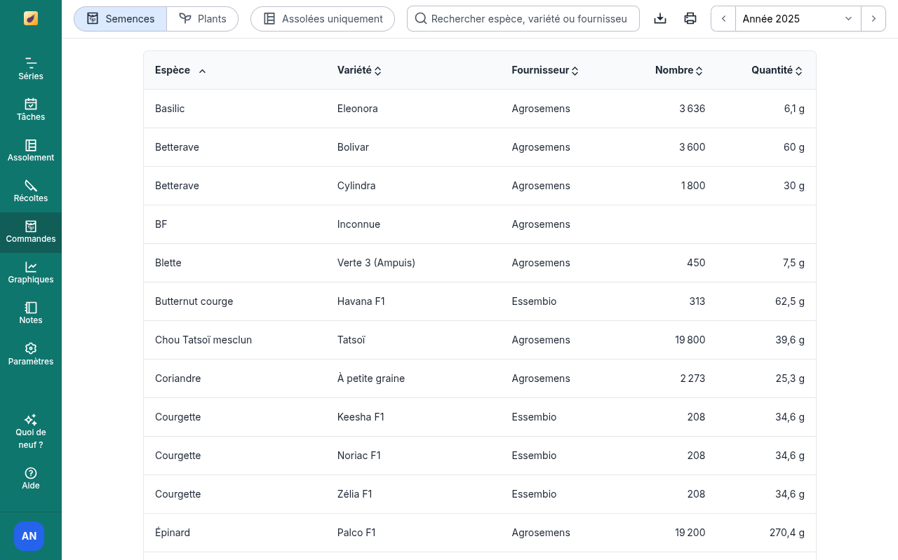Capture d'écran de Brinjel présentant les semences à commander
