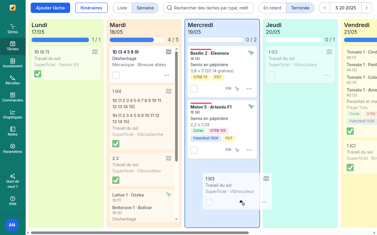 Capture d'écran de Brinjel présentant les tâches de la semaine