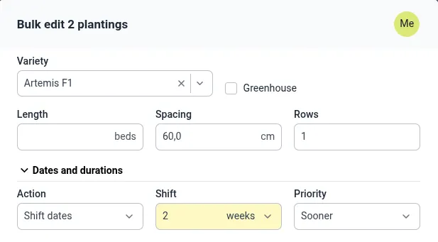 Screenhost of the planting form showing dates shifting