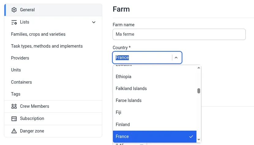 Country selector in farm settings