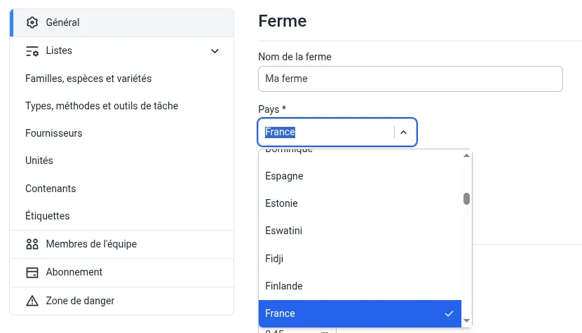 Sélecteur de pays dans les paramètres de la ferme