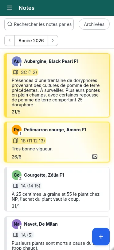 Capture d'écran smartphone du nouvel onglet notes