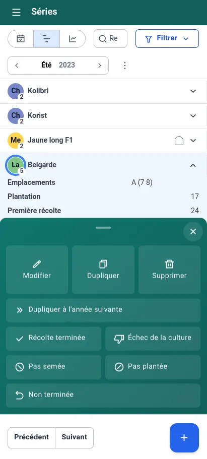 Barre d'action du plan de culture sur smartphone